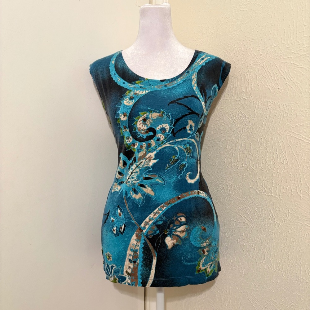 Chicos Blue Teal Paisley Beaded Sleeveless Tank Top XL Whimsisgoth Retro Girly